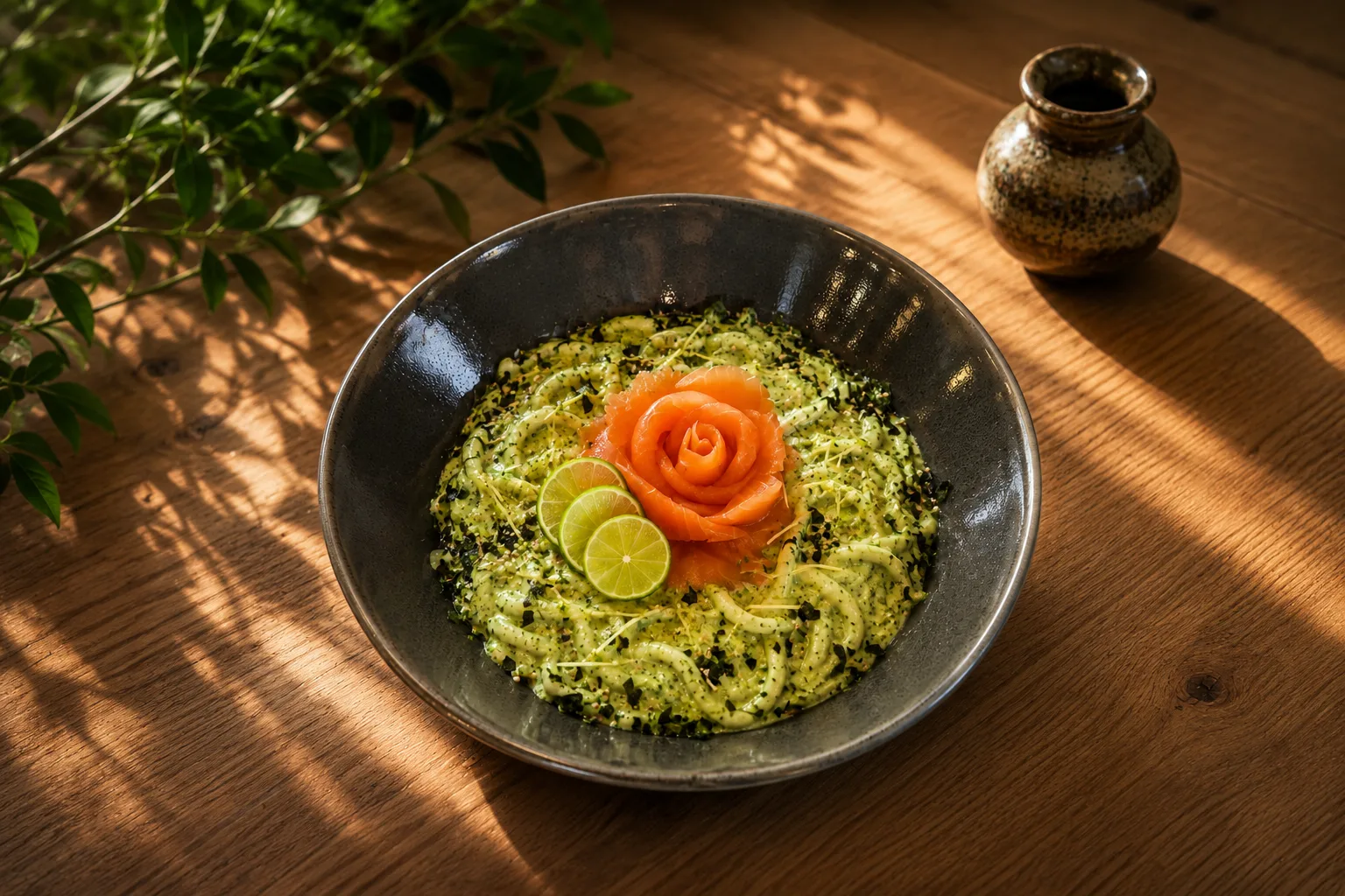 Salmon rose udon in a sunlit dining setting